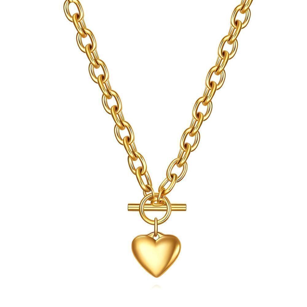 18K Gold Plated Stainless Steel "Heart" Necklace Chunky Women's Jewelry